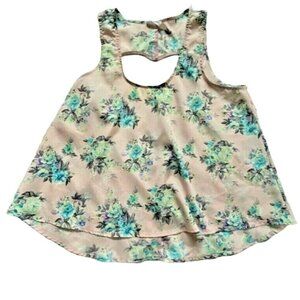 Lush Womens Light Weight Floral Tank Top with Heart Cut-Out Back-Pink-Medium-GUC